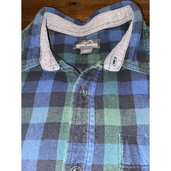 Eddie Bauer Button Up Shirt Mens Large Long Sleeve Plaid Flannel Blue Green - Picture 3 of 11